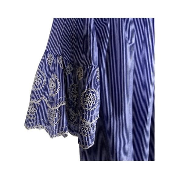 Rebellion Blue Striped Peasant Blouse Women’s Large Off Shoulder Bell Sleeve - Picture 4 of 9